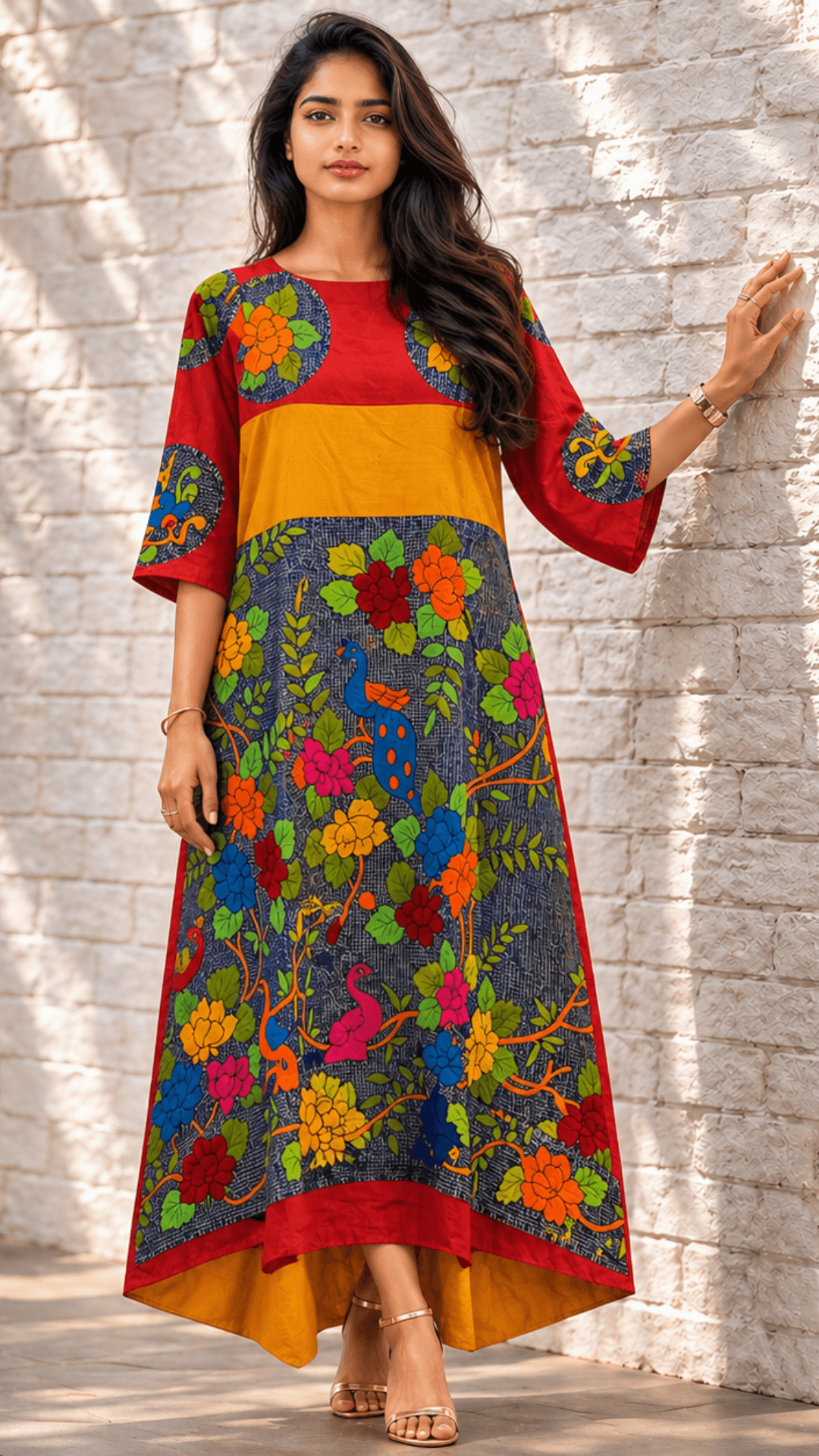 Red Floral Kantha Embroidered Dress