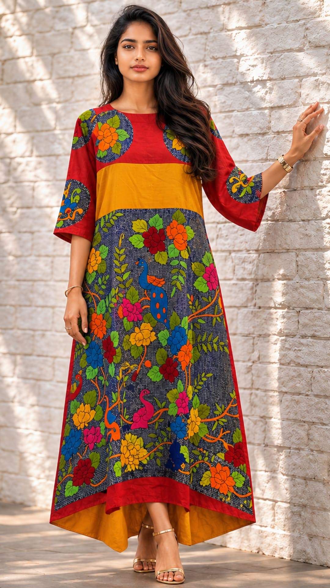 Red Floral Kantha Embroidered Dress